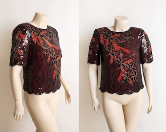 Vintage Sequin Blouse - Red & Black Floral Design Sequined Cocktail Party Silk Sparkly Beaded Flashy Top - Scala 1980s 1990s - Medium Large