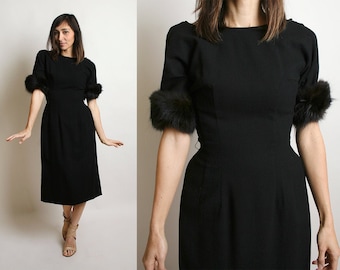 Vintage 1960s Wiggle Dress - Fur Trimmed Cuffs - Black Cocktail Party Evening Hourglass Figure Bombshell Dress - Small XS