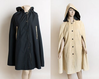 Vintage Corduroy Reversible Hooded Cape Coat - Black and Sand Beige Tan Arm Slits Pockets Detachable Hood - Long Warm