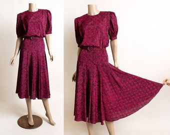 Vintage 1980s Liz Claiborne Dress - Magenta & Black Speckled Print Pleat Drop Waist Skirt - Button Up Back - Classy - Small