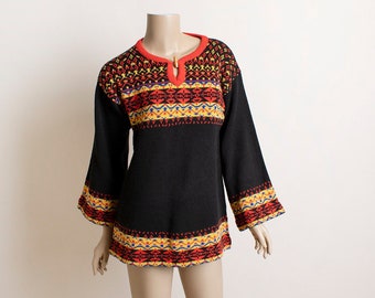 Vintage 1970s Knit Sweater - Long Bell Sleeves Black Yellow Red Fair Isle Aztec Ethnic Print Pullover Hippie Boho Wood Toggle - Medium