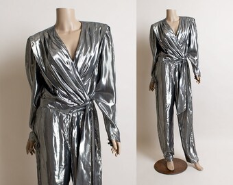 Vintage 1980s Silver Metallic Jumpsuit - Space Age Futuristic Shimmery Shiny Long Sleeve Wrap Disco Glam Party Pants - Medium Large