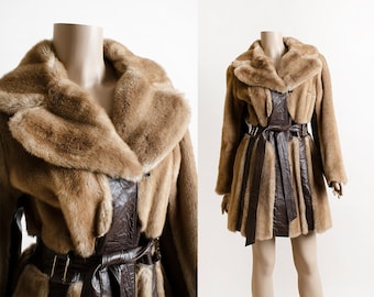 Vintage 1970s Faux Fur & Leather Coat - Caramel Brown Soft Large Collar Waist Tie Belt Penny Lane - Small