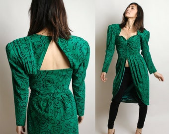 Vintage Suede Dress - Emerald Green Open Front Bustle Rose Print Power Suit Strong Shoulder Retro Futuristic Badass New Wave Dress - Small