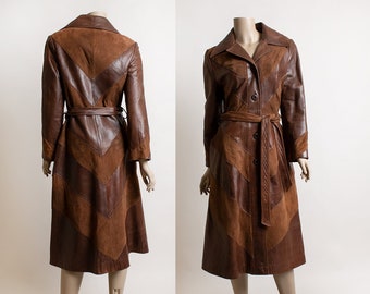 Vintage Brown Leather Trench Coat - Chevron Pattern Waist Tie Belt - 70s Skin Gear Mexico Boho Soft Suede Button Up Small