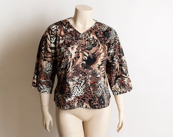 Vintage Tiger & Leopard Print Blouse - Sheer Angel Wing Mid Length Sleeve Tunic Shirt - V-Neck Top - Jungle Cat Safari Wild Kitty - Large