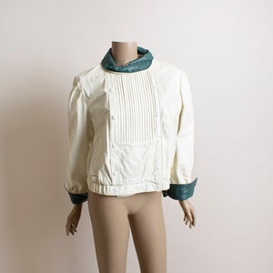 Vintage 90s Leather Jacket - White with Dark Forest Green Accents - Snap Front Angular Pleated Marco Morani 1990s Biker Moto Coat