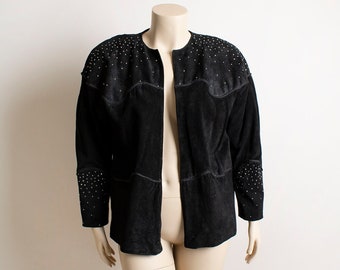 Vintage 90s Black Suede Jacket - Cache 1990s Leather Studded Rhinestone Sparkly Statement Coat - Large