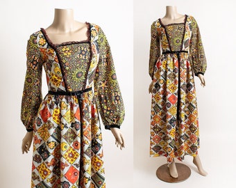 Vintage 1970s Candi Jones Patchwork Maxi Dress - Autumn Fall Colors Orange Brown Flower Floral Hippie Prairie Cotton Velvet Bow Paisley XS