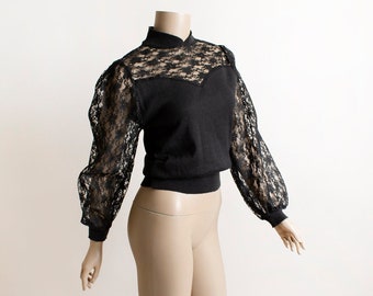 Vintage 1980s Lace Sweater - Gitano Black Knit Sheer Puff Sleeve Gothic Lolita Style Blouse Top - NWT - Small