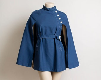 Vintage 1960s Cape Coat - Royal Blue Side Button 60s Mod Poncho Buckle Belt by Jerold - Cotton White Stitch - Flight Attendant British