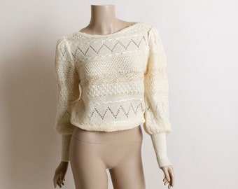 Vintage 1980s Cream Sweater Top - Long Puff Sleeves with Extra Long Bishop Cuffs - Alberoy Knit Soft Wool Mohair Sweet Geometric Small