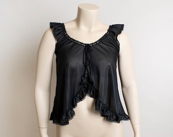 Vintage 1970s Black Lingerie Top - Sheer Nylon Babydoll Ruffle Flutter Shoulder Camisole Cami Tank Boudoir Pin-Up Nightie Reversible - Large