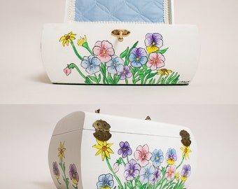 Vintage Annie Laurie Box Purse - Wooden White Spring Floral Flower Garden Bloom Painted Print - Soft Blue - Handbag Feminine