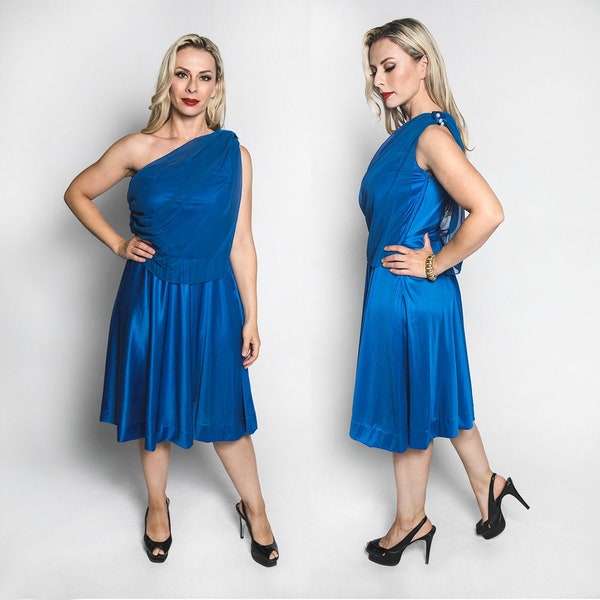 Vintage 1970s Disco Dress - Royal Blue One Shoulder Party Dress with Sheer Overlay - Medium Large
