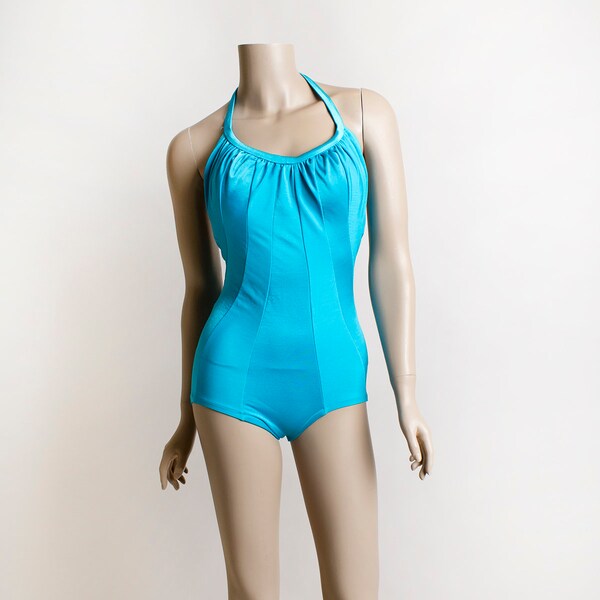 Vintage DeWeese Designs Bathing Suit - Turquoise Teal Blue One Piece Maillot with Halter Tie Neck - Stripe Panel Design - Small