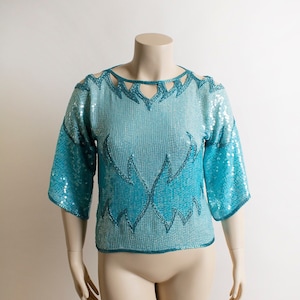 Vintage Sequined Cut-Out Cold Shoulder Blouse Light Blue Teal Iridescent Aquamarine Turquoise Beaded Silk Wings Flames Top Large image 1