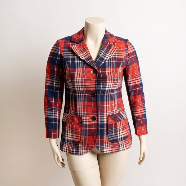 Vintage 1970s Pendleton Plaid Jacket - 49er Style Red Blue Button Up Short Coat with Front Pockets - Wool Medium Large