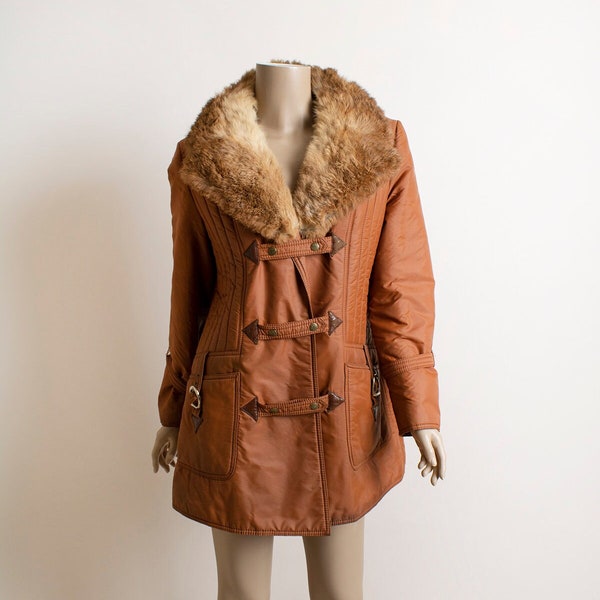 Vintage 1970s Fur Rain Shine Coat - Burnt Orange Brown Puffy Jacket - Buckle Accents Arrow Point Pockets - 70s F.S.II - Medium