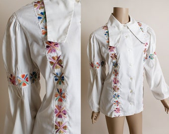 Vintage Embroidered Bavarian Blouse - Button Up Long Puff Sleeve 1970s Cotton Poly Blouse Shirt - European Look - Medium Large