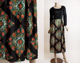 Vintage 1960s Maxi Dress - Floral Diamond Print Psychedelic Glitter Border Black Rose Long Sleeve 60s 70s Flower Power - XS