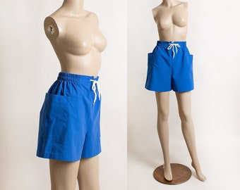 Vintage 1980's Blue Catalina Shorts - Summer Elastic Waist with Yarn Drawstring Bow Tie - Big Pockets - Boating Boater Sailing - Small