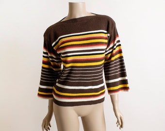Vintage 1970s Striped Sweater Top - Boatneck Brown Yellow Red Retro Skater Acrylic Sweater - Medium