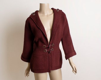 Vintage 1970s Knit Bell Sleeve Sweater Cardigan - Dark Burgundy Maroon with Toggle Buttons and Fun Faux Leather - Vicki Volts - Medium