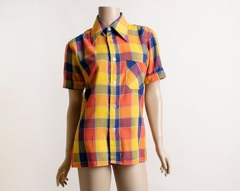 Vintage 1980s Rainbow Plaid Blouse - Button Up Front Shirt - Sharp Pointy Collar - Primary Colors - Small Medium