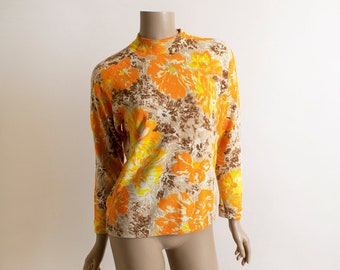 Vintage 1950s Sweater Top - Neon Orange Yellow Brown Floral Burst Print Long Sleeve Back Zipper Soft 1960s Spring Sunflower Medium