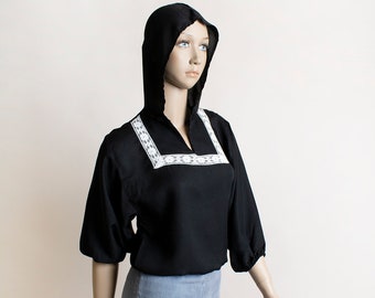 Vintage 1970s Hooded Blouse - Black & White Lace Sailor Nautical Style Billowy Top - Small Medium