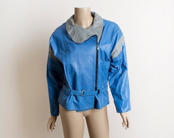 Vintage 80s Leather Jacket - Blue & Gray Asymmetrical Front Zip Retro 1980s Moto Coat by Avanti - Medium