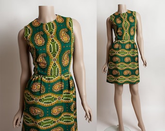 Vintage 1960s Dress - Flower Paisley Print Emerald green and Orange Sleeveless Mod Dress - Pockets - Small XS