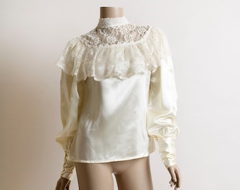 Vintage Gunne Sax Blouse - Ivory Jessica's Gunnies Lace Bib Yoke Long Bishop Sleeve Button Cuff Elegant White Prairie Renaissance - Medium 9