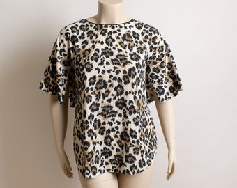 Vintage Lucie Ann Leopard Print Terry Cloth Top - Bell Split Sleeve Terri Towel Shirt - Animal Print Kitty Cat 1960s 1970s - Medium Large