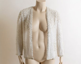 Vintage Pearl Beaded Silk Cardigan Top - Saks Fifth Avenue Judith Ann Creations White Glam Evening Sheer Sequin Blouse Jacket - Large