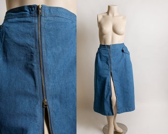 Vintage 1980s Jean Skirt - The Jean Machine - 80s Front 2-Way Zip Midi Length Denim Skirt with Triangle Pockets - 34" Waist Large