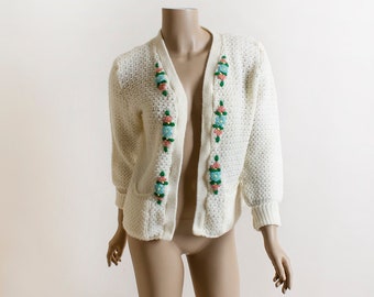 Vintage 1960s Knit Cardigan Sweater - Soft Fuzzy Bunny White with Pastel Flower Brooch Design - Puff Sleeves Open Front Feminine Girly