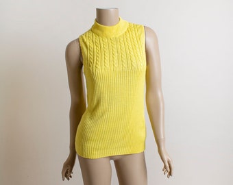 Vintage Yellow Ribbed Sleeveless Knit Top - 1970s 1980s Sunshine Bright Vibrant Knitted Tank Cable Knit - Emporium - Small