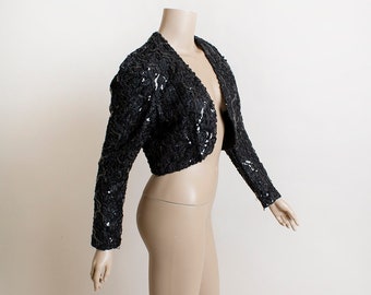 Vintage Black Sequined Jacket - Fully Sequin Sparkly Long Sleeve Crop New Wave Party Club - Karen Lucas Niki - 1980s Small