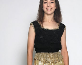 Vintage Gold Knit Disco Top - Black & Golden Fringed Thread Loose Knit Blouse Tank - Small