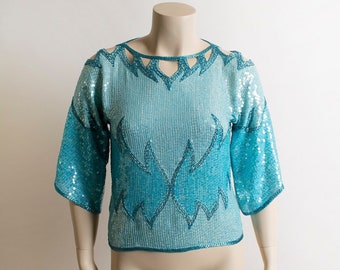 Vintage Sequined Cut-Out Cold Shoulder Blouse - Light Blue Teal Iridescent Aquamarine Turquoise Beaded Silk Wings Flames Top - Large