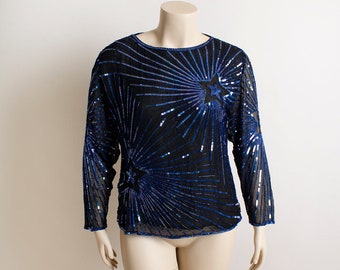 Vintage Sheer Silk Sequin Star Blouse - Swee Lo I. Magnin Black Royal Blue Sparkly Beaded Statement Glam Party - Long Sleeve Large