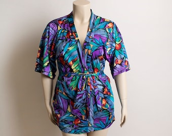 Vintage Rose Marie Reid Bathing Suit Coverup - 1970s Jewel Tone Blue Purple Leaf Feather Apple Print Beach Pool Tie Blouse Top - Large