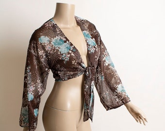 Vintage 1970s Blouse - Open Front Tie with Wide Bell Sleeves - Brown Blue Punk Sheer Floral Print - Boho Bohemian Hippie Feminine Medium