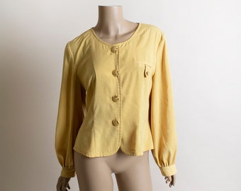 Vintage 1980s 1990s Butter Yellow Blouse - Button Up Large Golden Buttons - Puff Sleeves - Scallop Hem Yuan Rong Medium