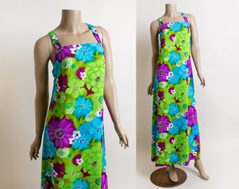 Vintage Hawaiian Maxi Dress - Bright Vibrant Blue Green Purple Criss Cross Adjustable Strap Floor Length Tropical Floral Summer Dress Small