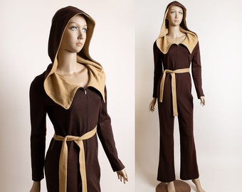 Vintage 1970s Young Innocent by Arpeja HOODED Jumpsuit - Chocolate Brown & Tan with Belt - Flare Leg - Cowl Neck - Small