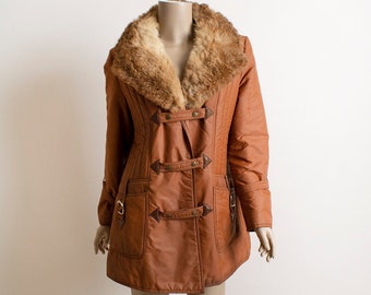 Vintage 1970s Fur Rain Shine Coat - Burnt Orange Brown Puffy Jacket - Buckle Accents Arrow Point Pockets - 70s F.S.II - Medium