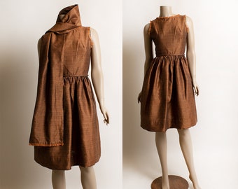 Vintage 1960s Lanz Dress - Bronze Copper Striped Day Dress with Matching Shawl - Button Up Back - XS xxs